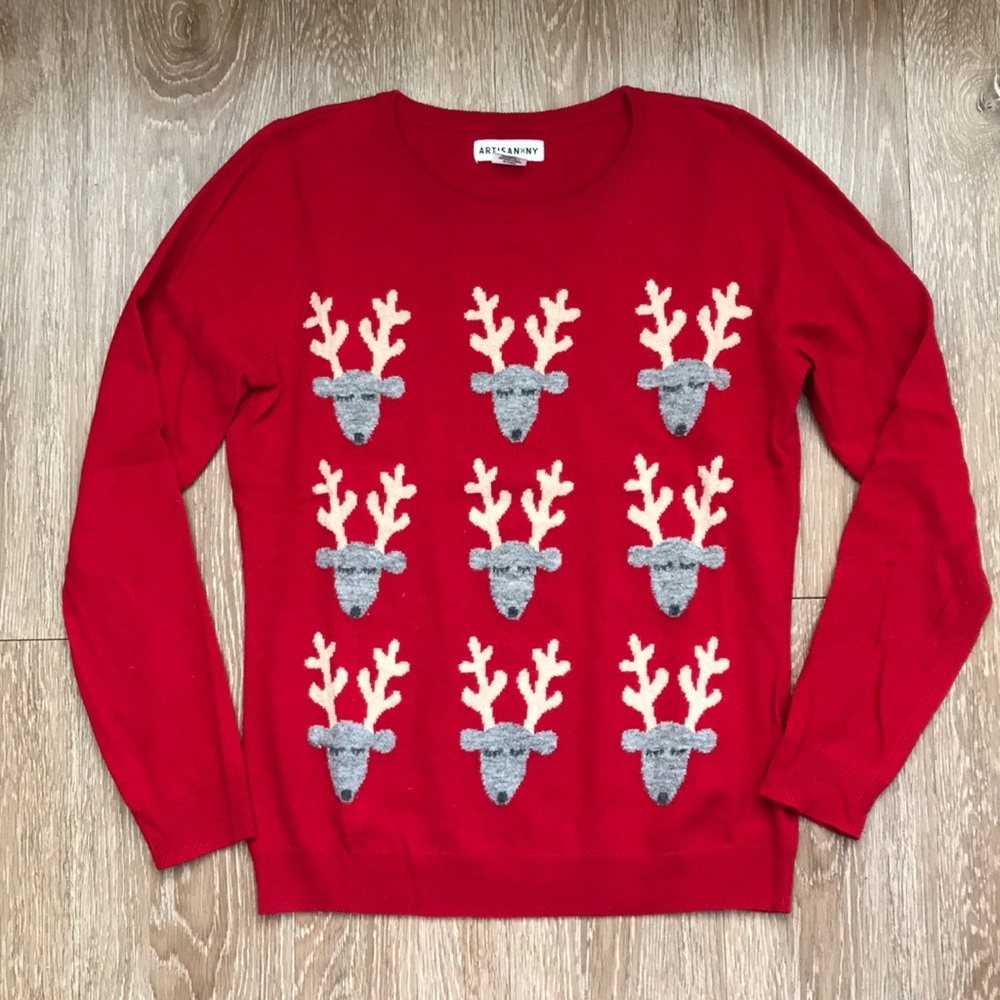 Artisan NY red Reindeer/Holiday lightweight wool blend sweater, medium